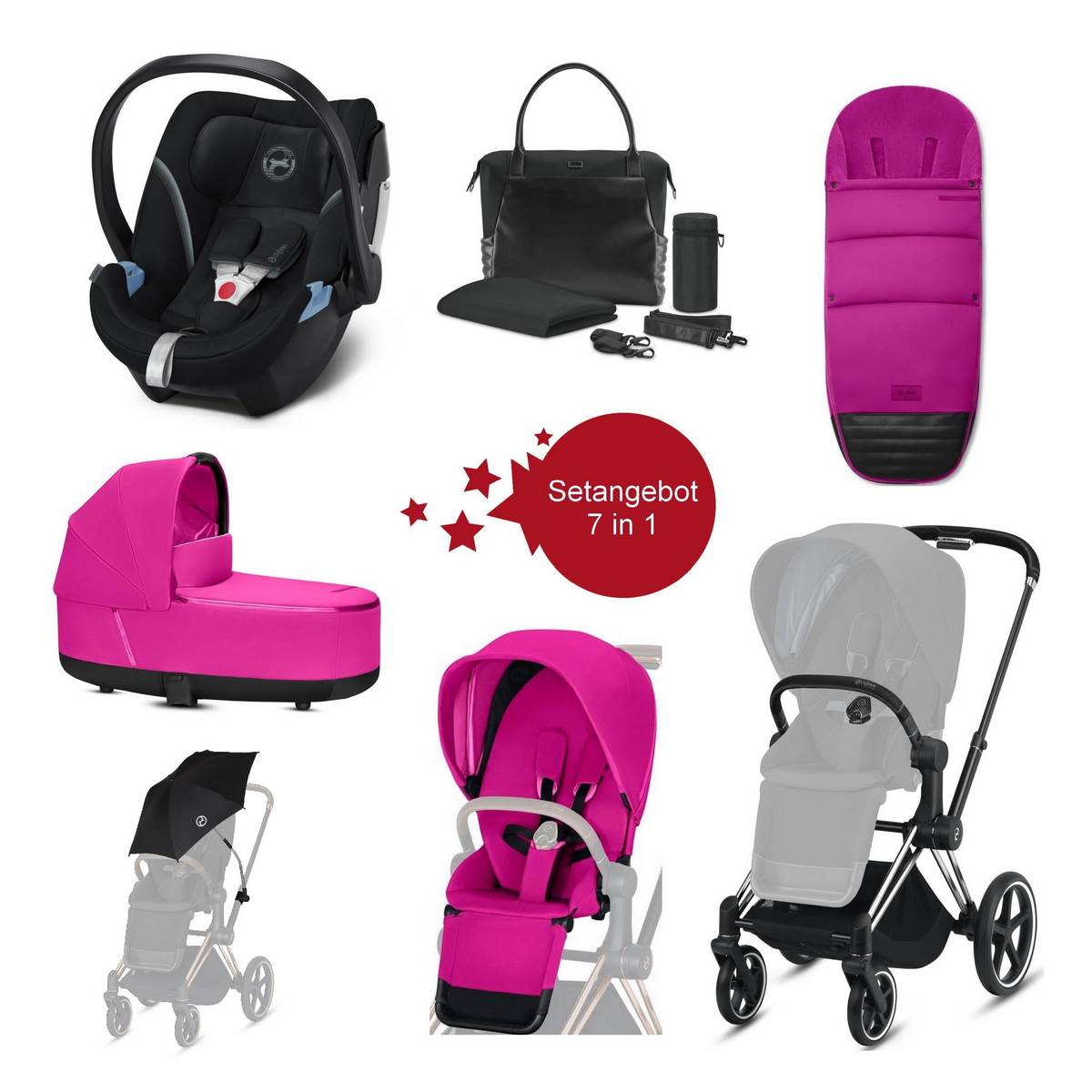 Pink-Chrome-black-1200px Cybex Priam Setangebot Kombikinderwagen 7 in 1 Chrome Black Gestell, Rosa- Schwarz