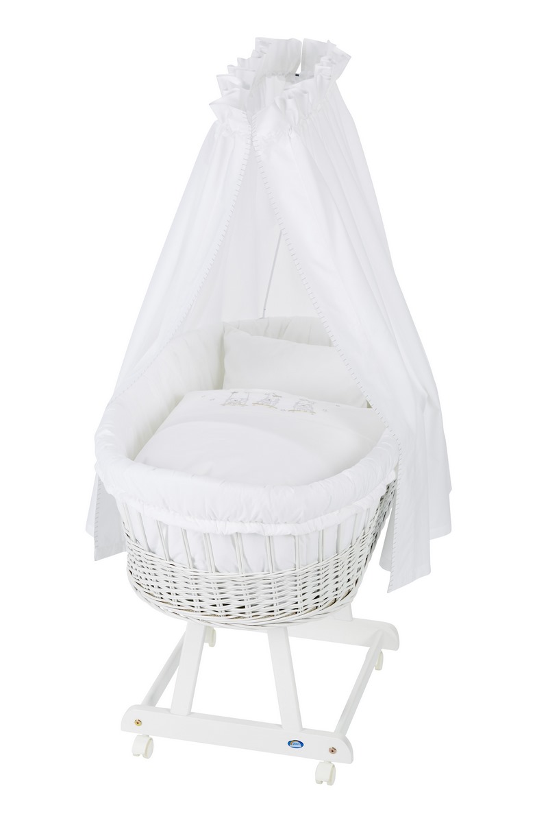 Alvi Wicker Cot Birthe White + Canopy Pole + Fleece Mattress