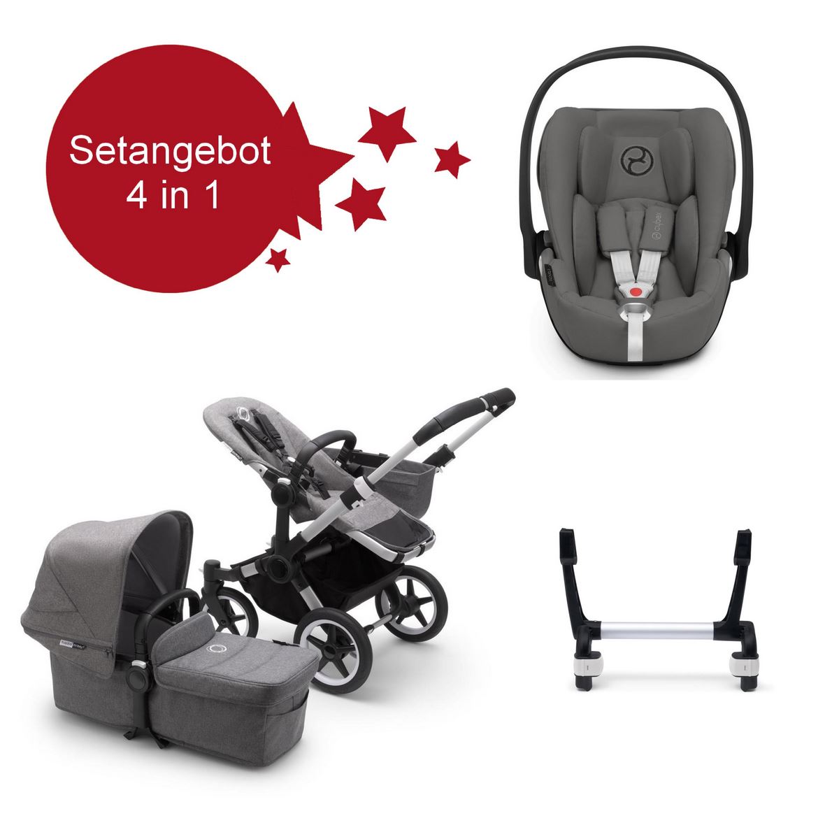 Bugaboo Donkey3 Mono Setangebot mit Cloud Z i-Size- Alu, Grau Meliert, Grau Meliert