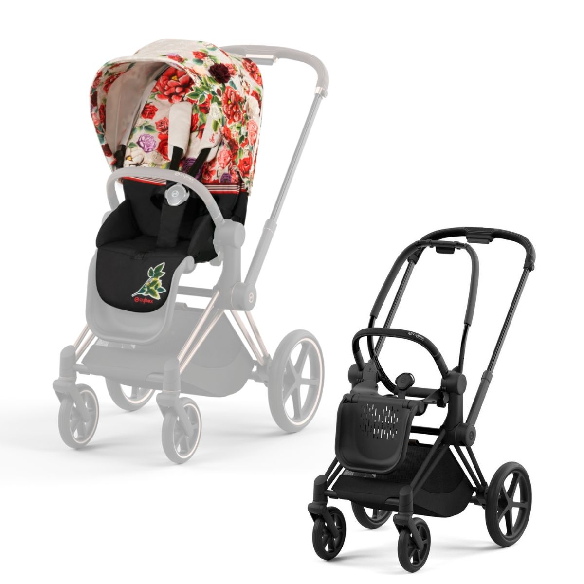 Cybex Priam 4 Kinderwagen Matt Black Rahmen- Spring Blossom Light