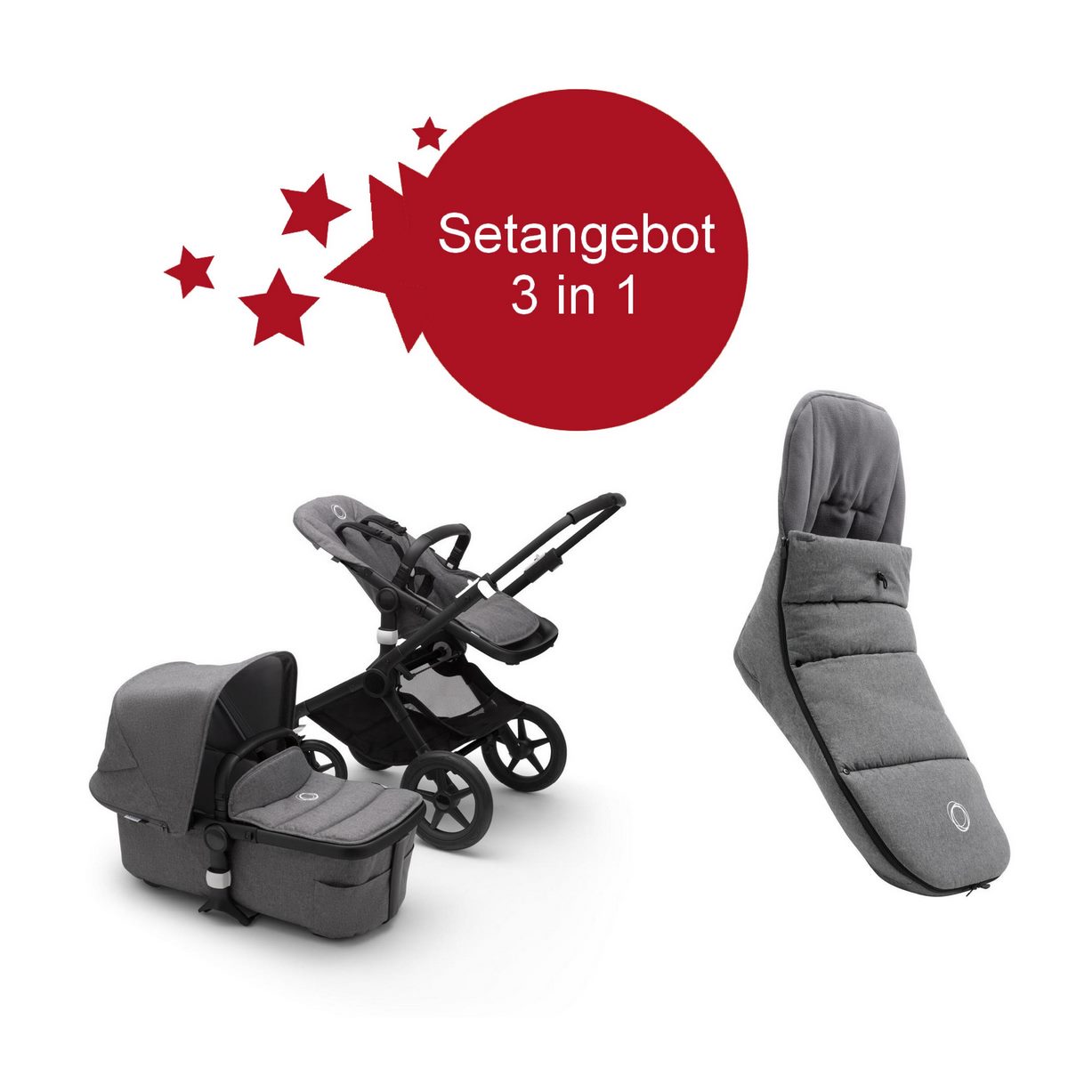 Bugaboo-Fox2-Setangebot-mit-Fusssack-Schwarz-Grau-Meliert Bugaboo Fox2 Setangebot mit Fußsack- Schwarz, Grau Meliert