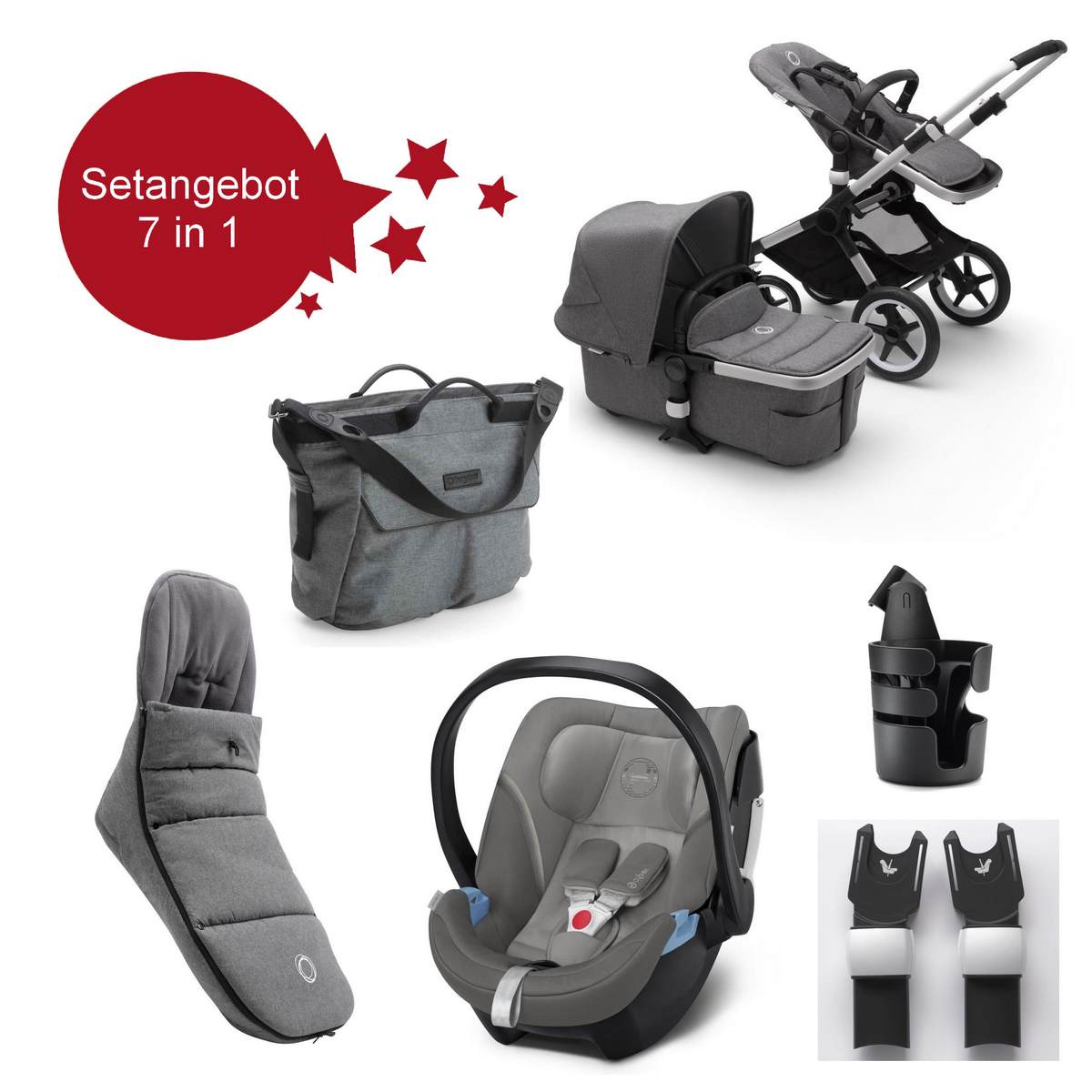 Bugaboo Fox2 Kombikinderwagen Setangebot 7 in 1 Alu, Grau Meliert