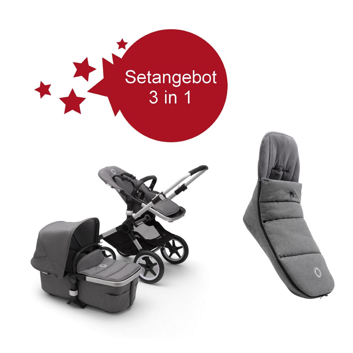 Bugaboo Fox2 Setangebot mit Fußsack- Alu, Grau Meliert
