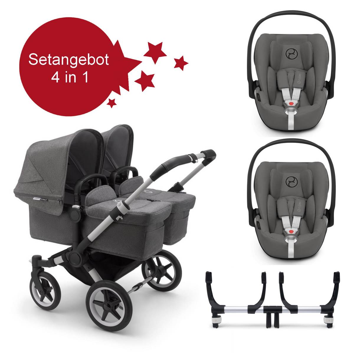 Bugaboo Donkey3 Zwillings Setangebot mit Cloud Z i-Size- Alu, Grau Meliert, Grau Meliert