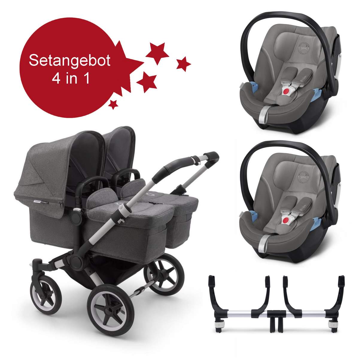 Bugaboo Donkey3 Twin Zwillings Setangebot mit Aton 5- Alu, Grau Meliert, Grau Meliert