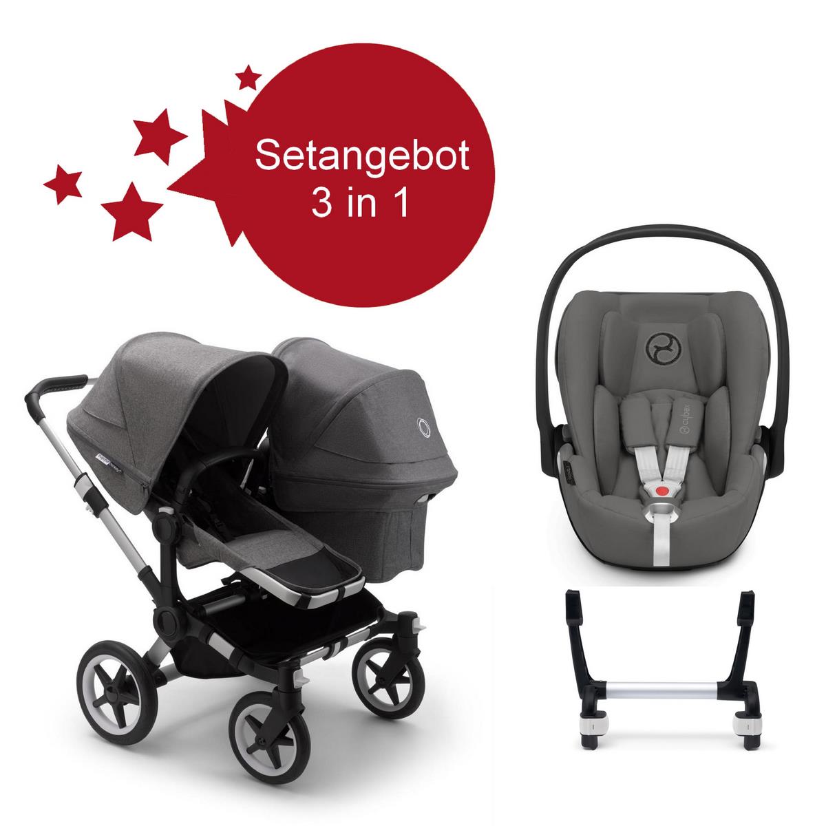 Bugaboo Donkey3 Duo Geschwister Setangebot mit Cloud Z i-Size- Alu, Grau Meliert, Grau Meliert
