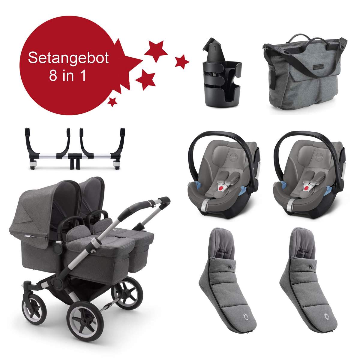 Bugaboo-Donkey3-Twin-Setangebot-8-in-1-Grau Bugaboo Donkey3 Twin Zwillings Setangebot 8 in 1- Alu, Grau Meliert, Grau Meliert