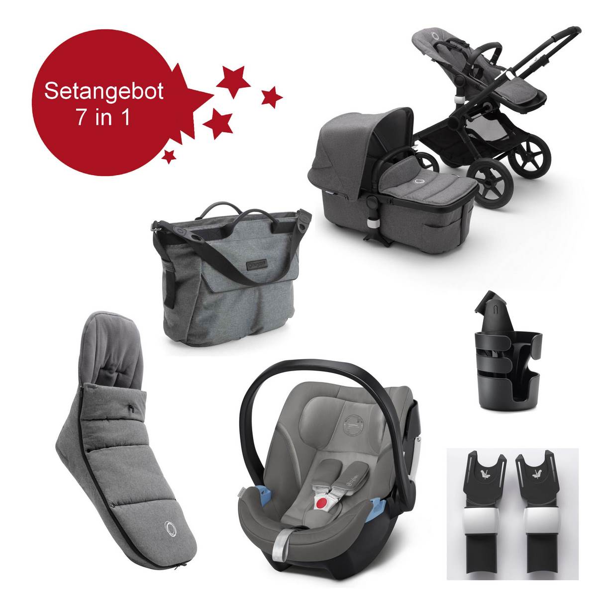 Bugaboo Fox2 Kombikinderwagen Setangebot 7 in 1 Schwarz, Grau Meliert