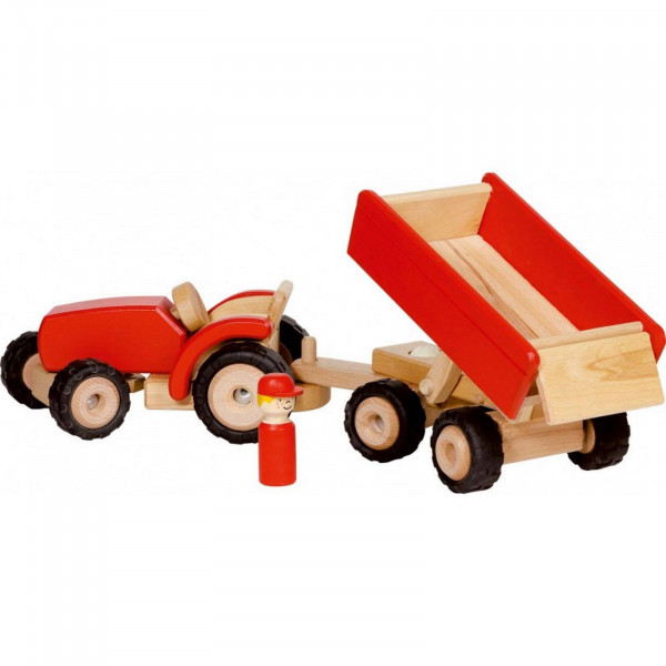 GoK Traktor mit Anhänger aus Holz - Rot